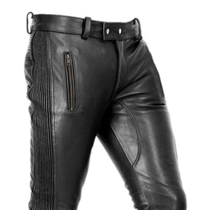 Men Leather Pants with Zipper Sheep/Lambskin Leather Biker Trouser - TheBougees