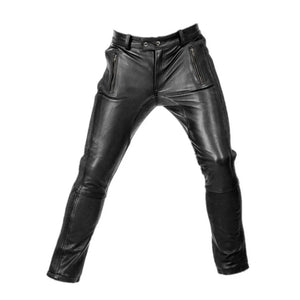 Men Leather Pants with Zipper Sheep/Lambskin Leather Biker Trouser - TheBougees