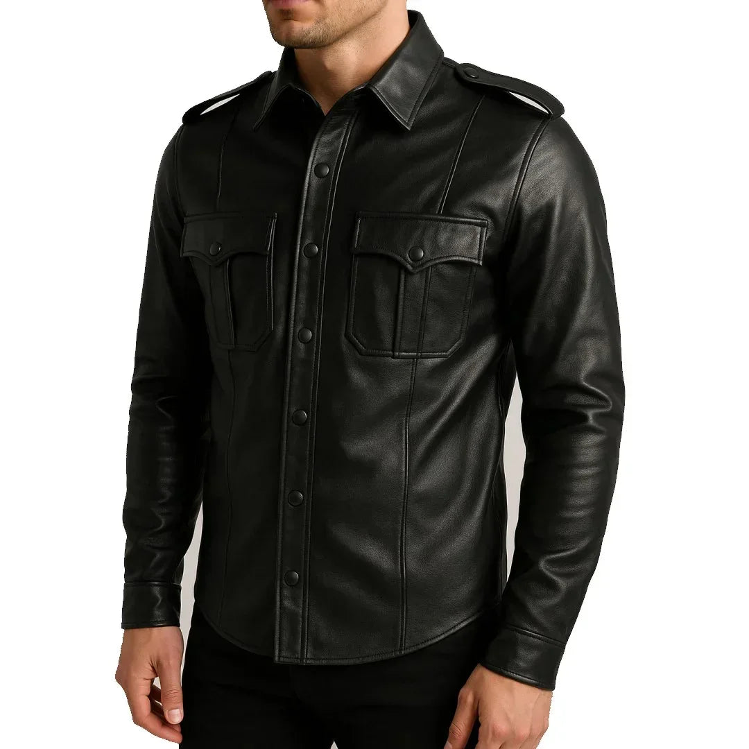 Men’s Black Leather Police Shirt – Bold Style, Premium Quality - TheBougees
