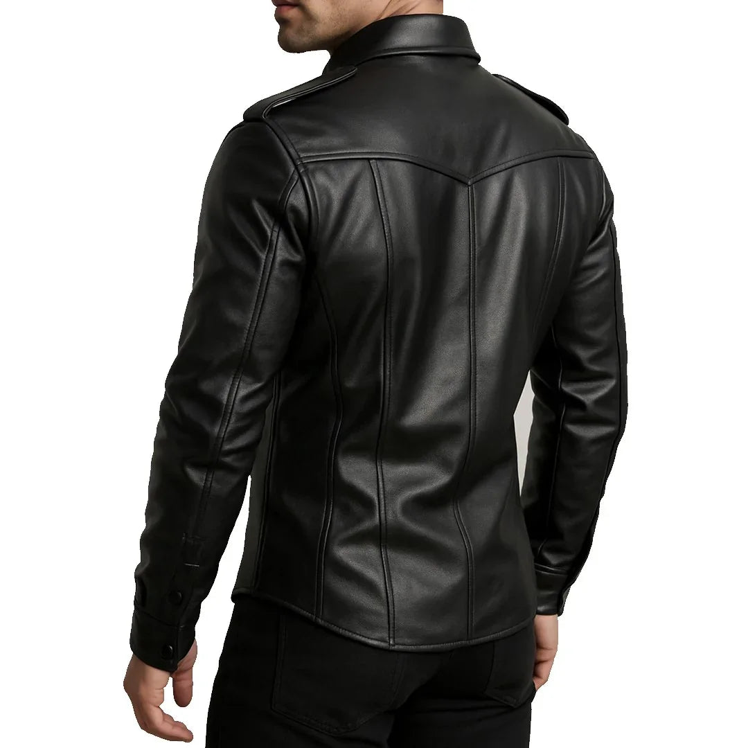 Men’s Black Leather Police Shirt – Bold Style, Premium Quality - TheBougees
