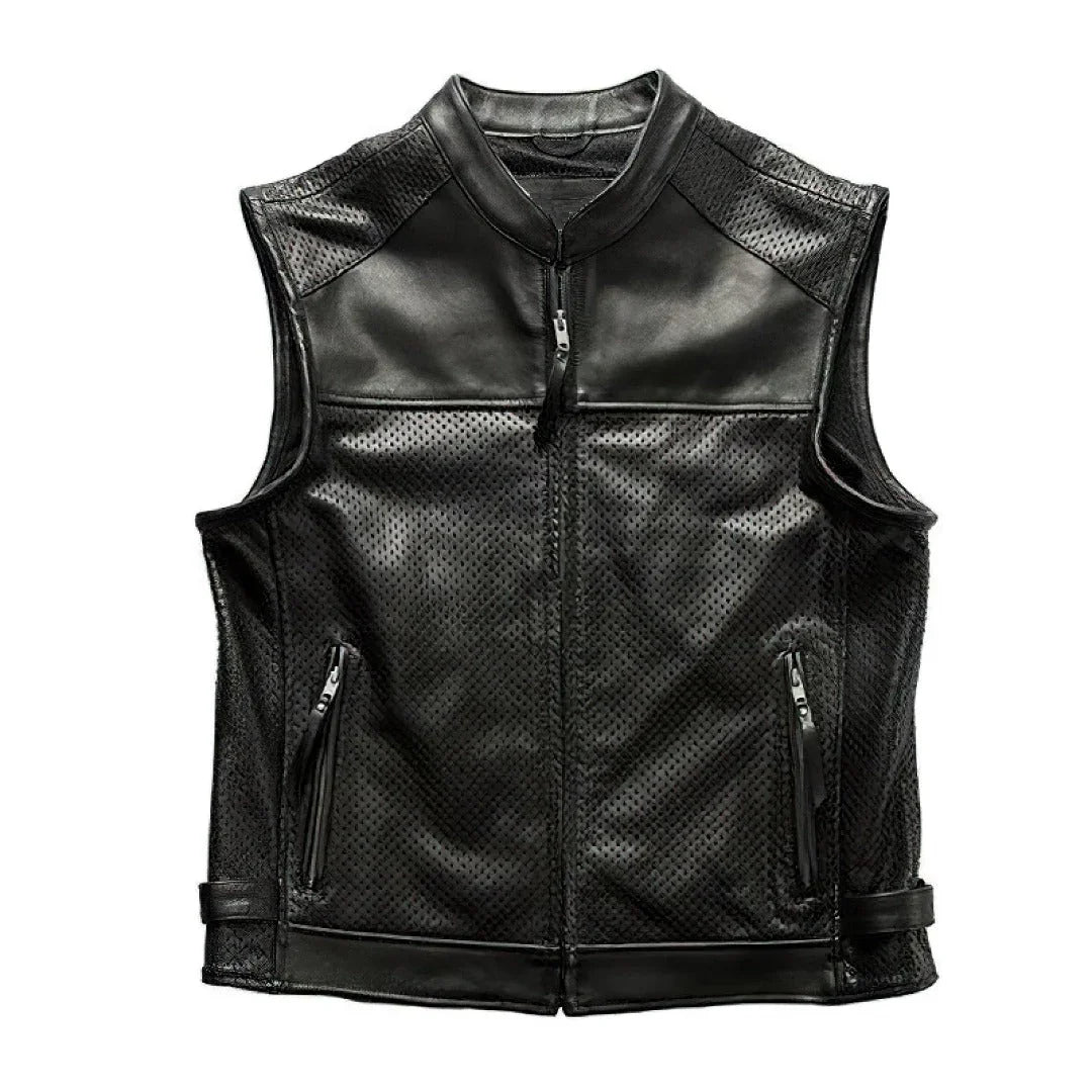 Men Perforated Biker Leather Vests - TheBougees