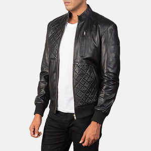 Black Leather Quilt Design Bomber Jacket - TheBougees