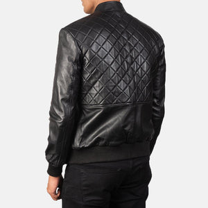 Black Leather Quilt Design Bomber Jacket - TheBougees