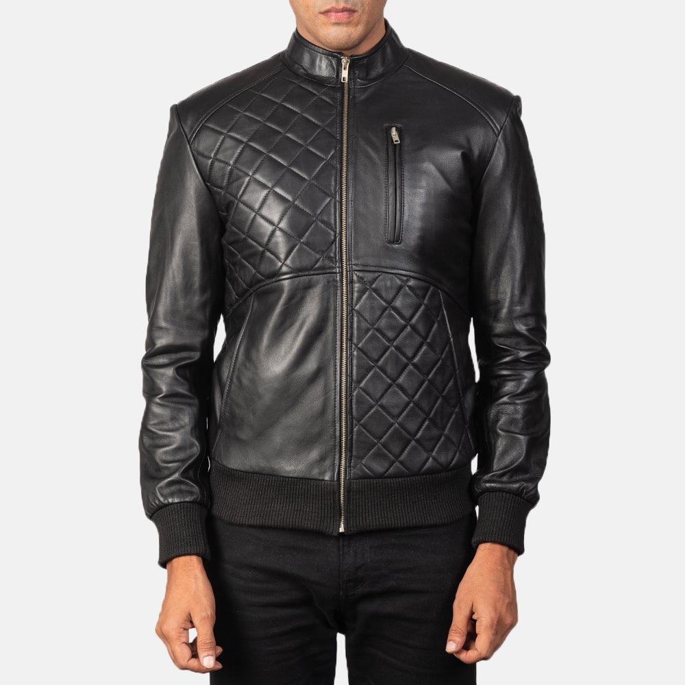 Black Leather Quilt Design Bomber Jacket - TheBougees
