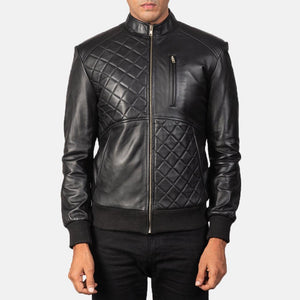 Black Leather Quilt Design Bomber Jacket - TheBougees