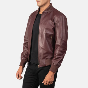 Plain Maroon Leather Bomber Jacket - TheBougees
