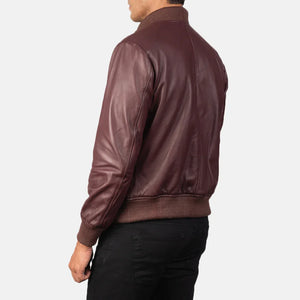Plain Maroon Leather Bomber Jacket - TheBougees