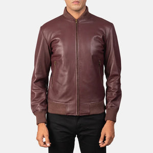 Plain Maroon Leather Bomber Jacket - TheBougees