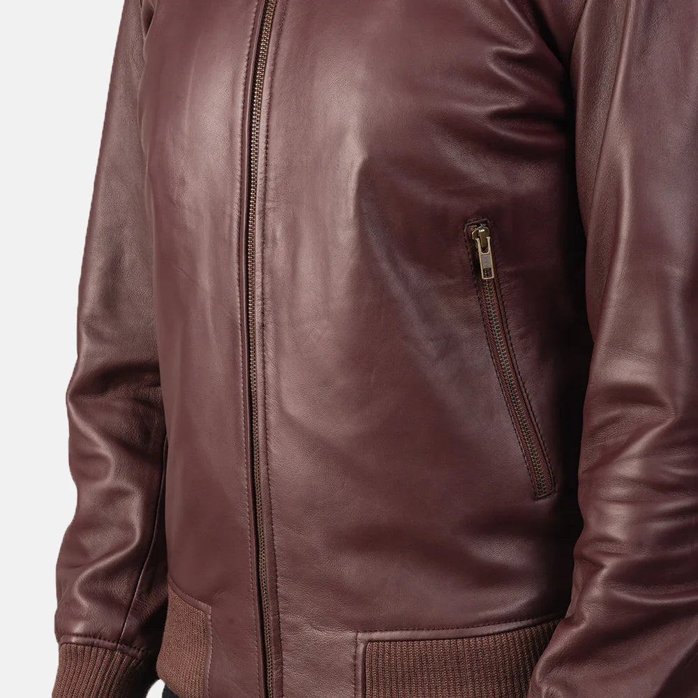 Plain Maroon Leather Bomber Jacket - TheBougees