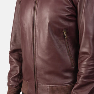 Plain Maroon Leather Bomber Jacket - TheBougees