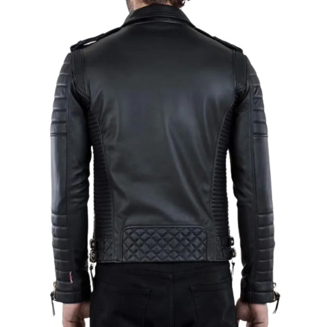 Men Black Leather Biker Jacket with Quilt Design - TheBougees