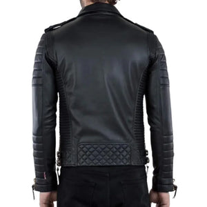 Men Black Leather Biker Jacket with Quilt Design - TheBougees