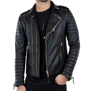 Men Black Leather Biker Jacket with Quilt Design - TheBougees