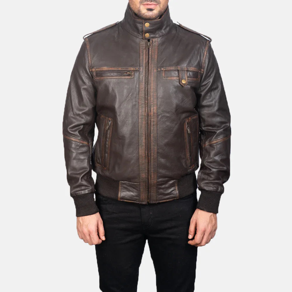 Street Brown Leather Bomber Jacket - TheBougees