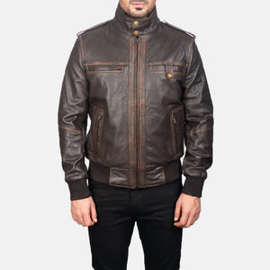 Street Brown Leather Bomber Jacket - TheBougees