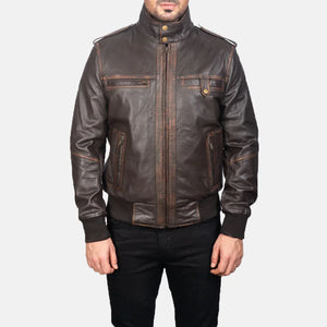 Street Brown Leather Bomber Jacket - TheBougees