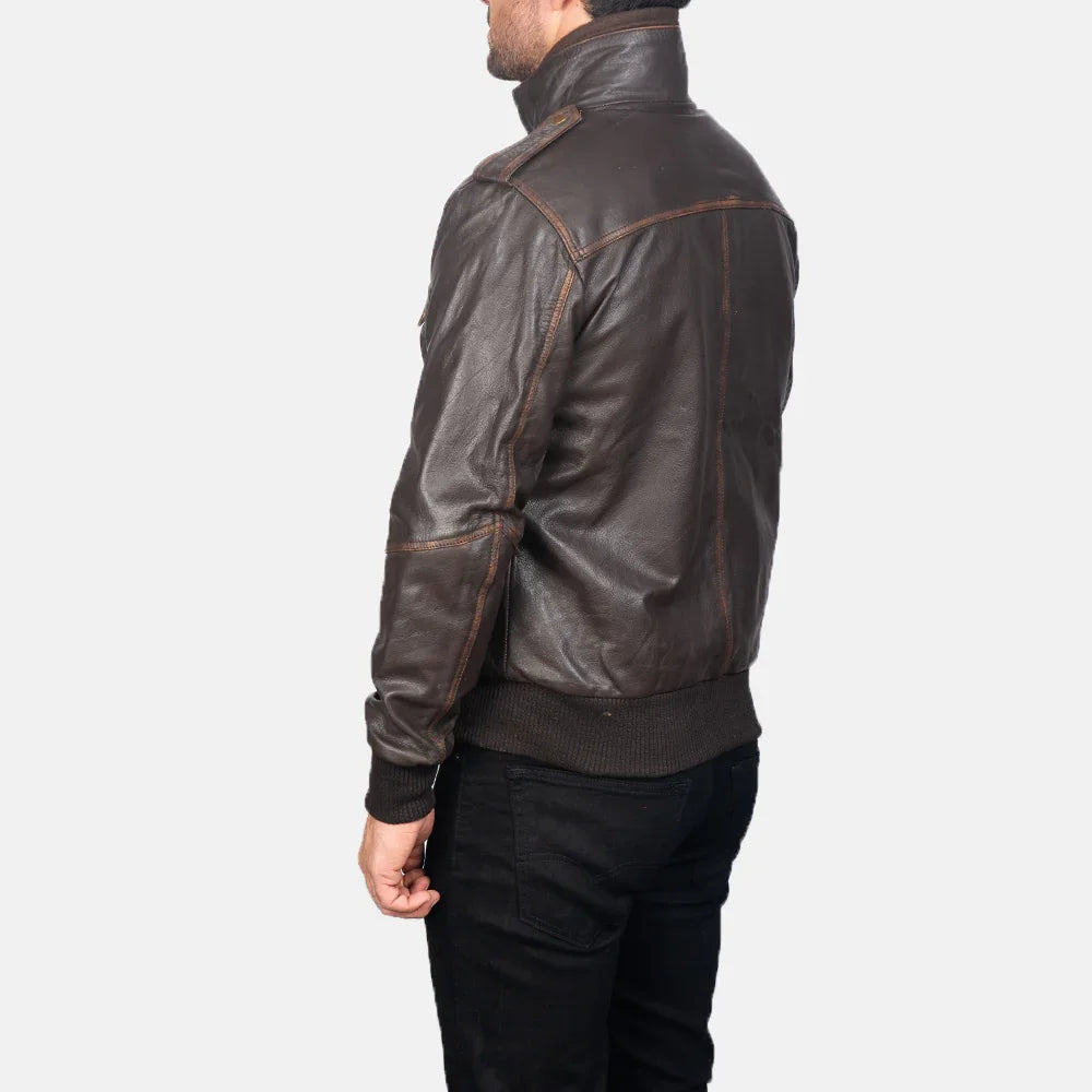 Street Brown Leather Bomber Jacket - TheBougees
