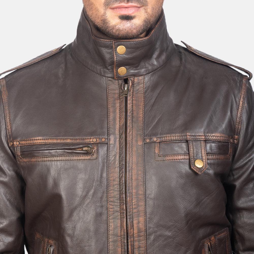Street Brown Leather Bomber Jacket - TheBougees