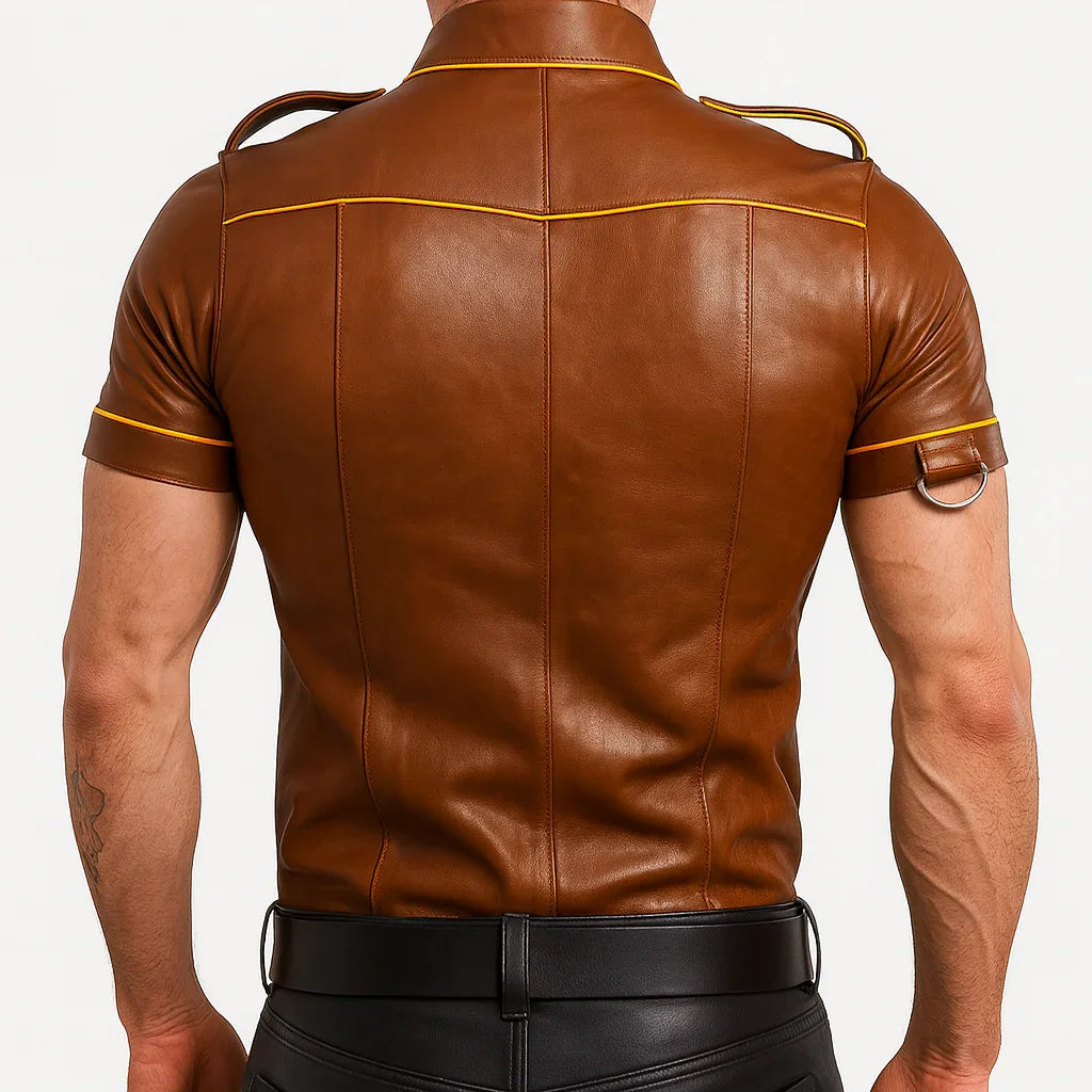 Police Style Leather Jacket With Yellow Linings