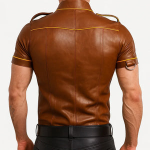 Men's brown police-style leather jacket with yellow lining, alternate view