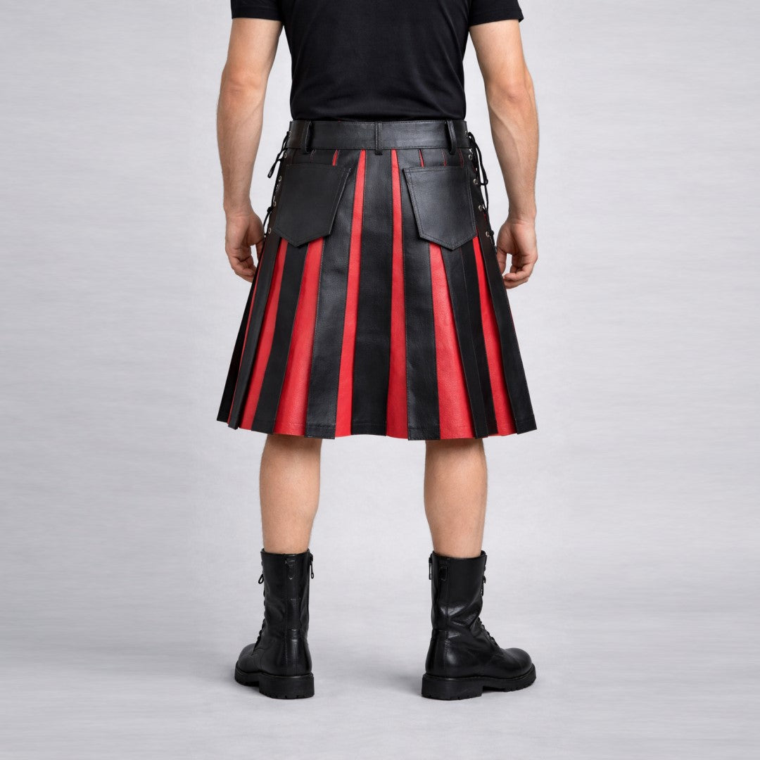Men’s Black & Red Genuine Leather Kilt – Handmade Utility Kilt with Pleats & Pockets