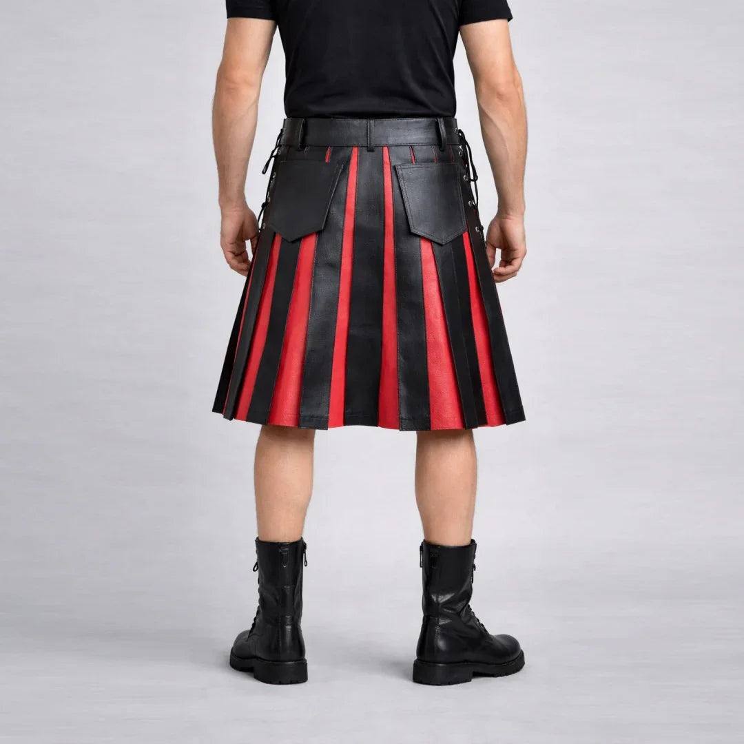Men’s Black & Red Genuine Leather Kilt – Handmade Utility Kilt with Pleats & Pockets