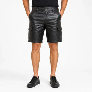 Men's black lambskin leather cargo shorts with side pockets, alternate view