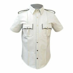 Men's Premium Quality Leather Short Slevees Shirt In White - TheBougees
