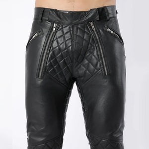 Mens Black Fashion Leather Quilted Pants - TheBougees