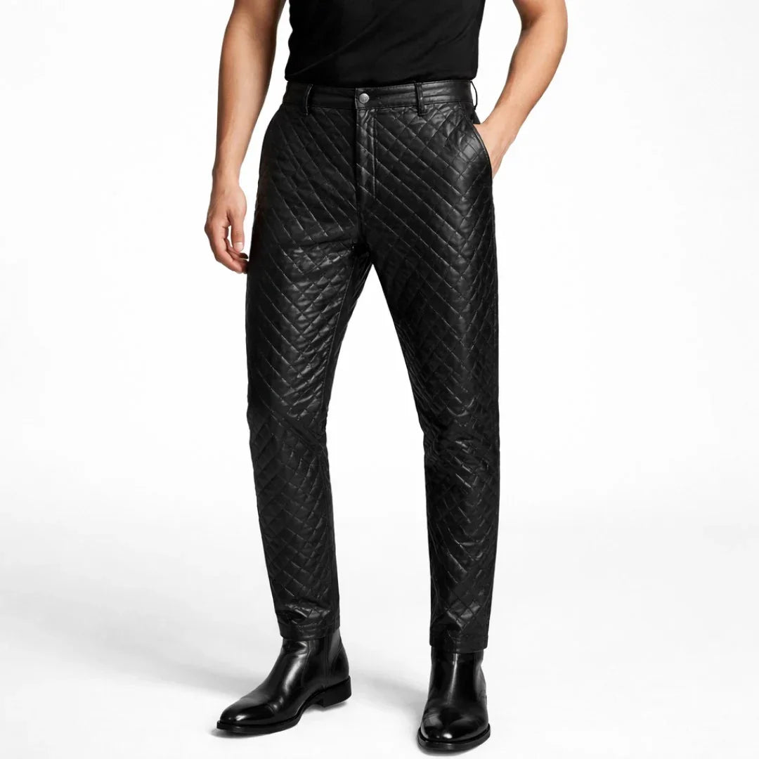 Men's black genuine leather pants, slim fit, quilted biker design, front view
