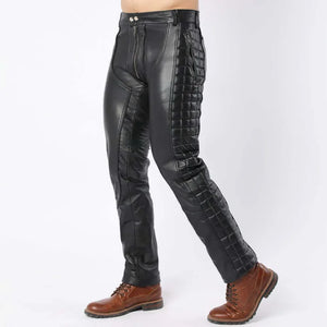 Mens Black Quilted Full Back Zipper Biker Pants - TheBougees