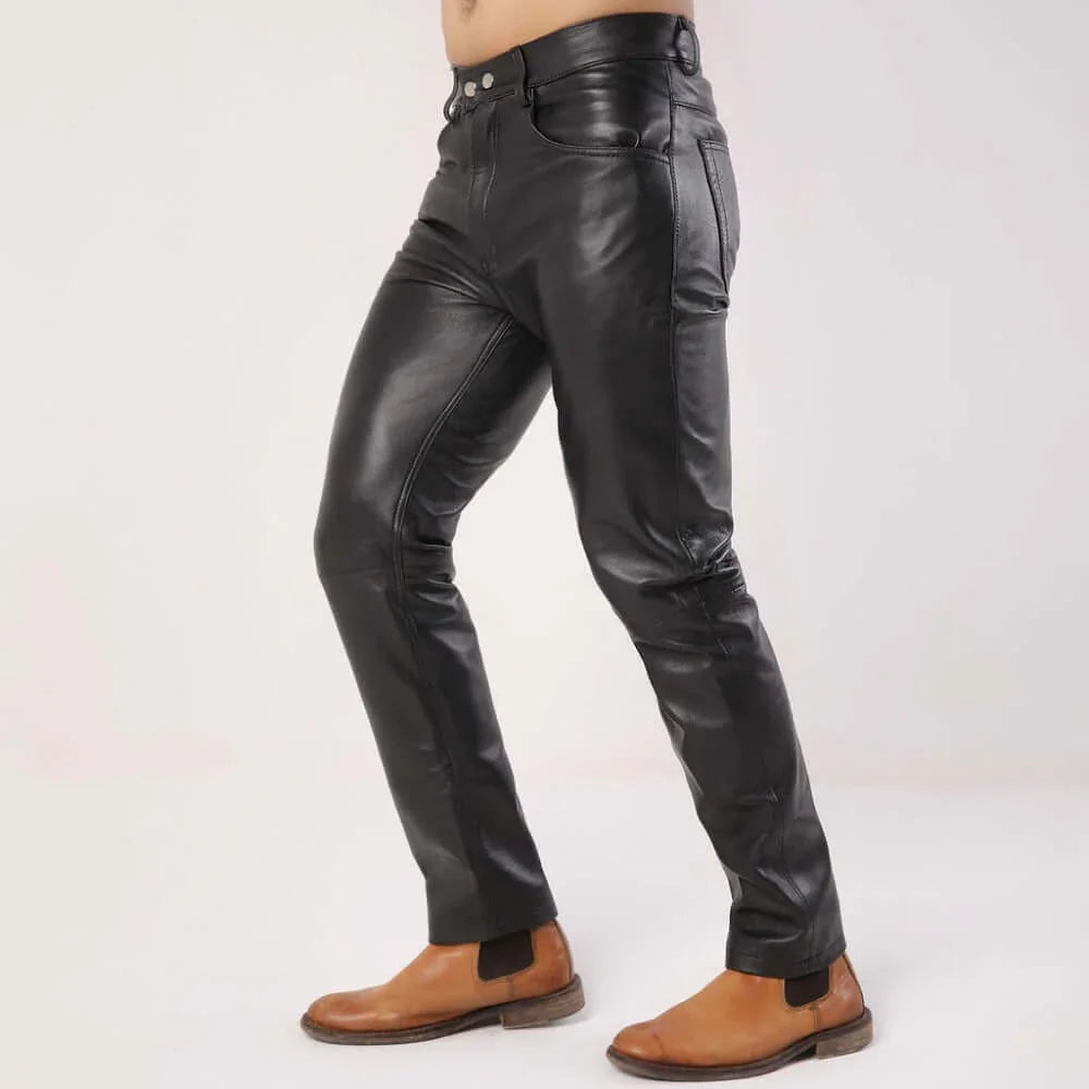 Men's Plain Black Leather Pants - TheBougees