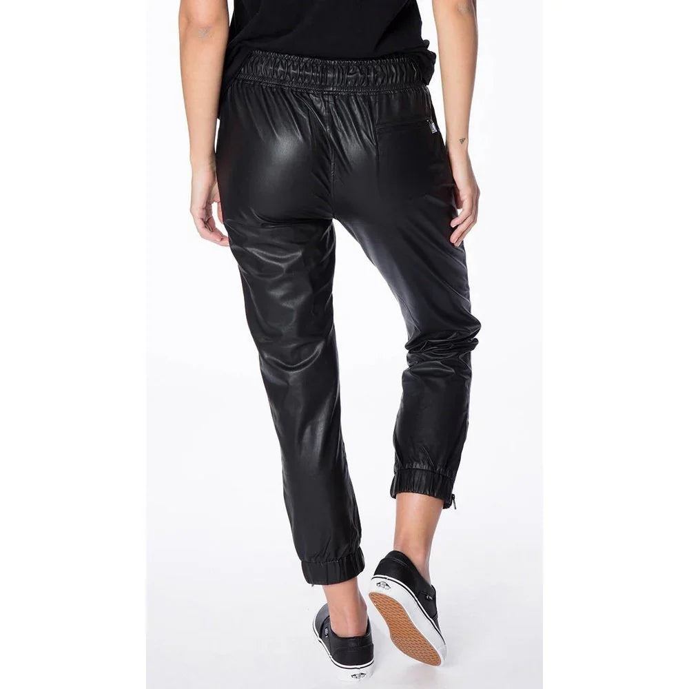 Plain Black Sheep Leather Trousers for Women with Flexible Waistband - TheBougees