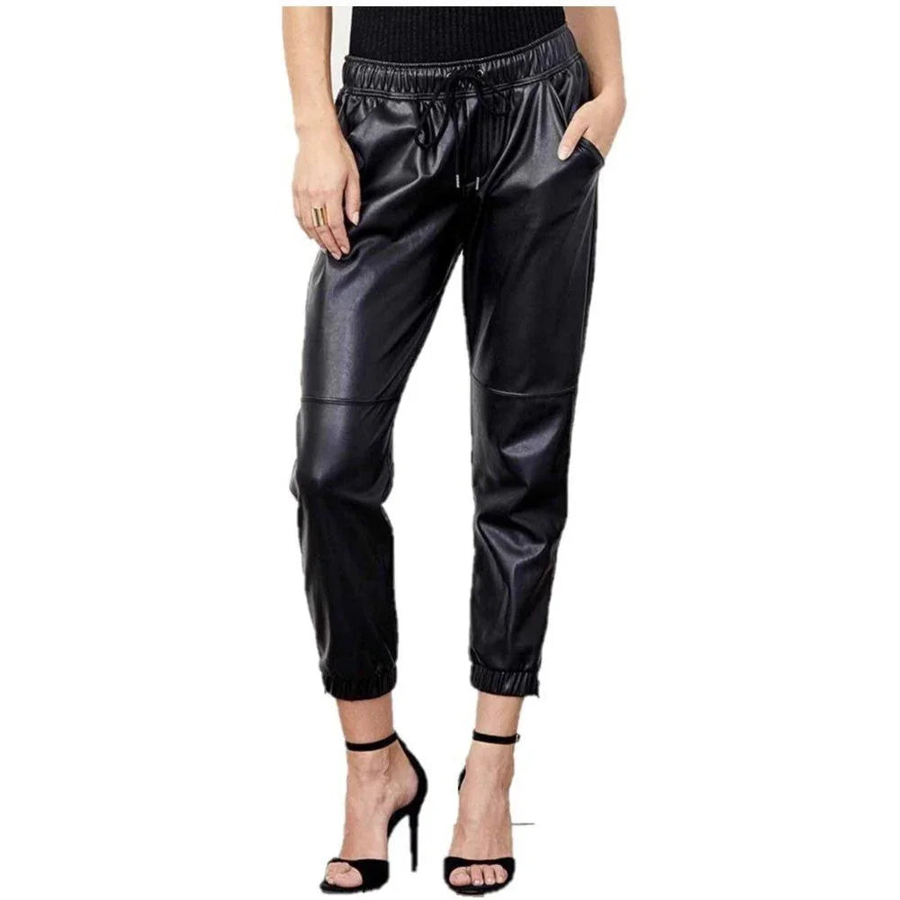 Plain Black Sheep Leather Trousers for Women with Flexible Waistband - TheBougees
