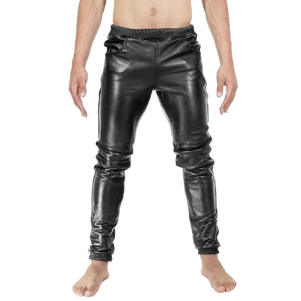 Plain Black Sheep leather Trouser for Men with Flexible Waistband - TheBougees