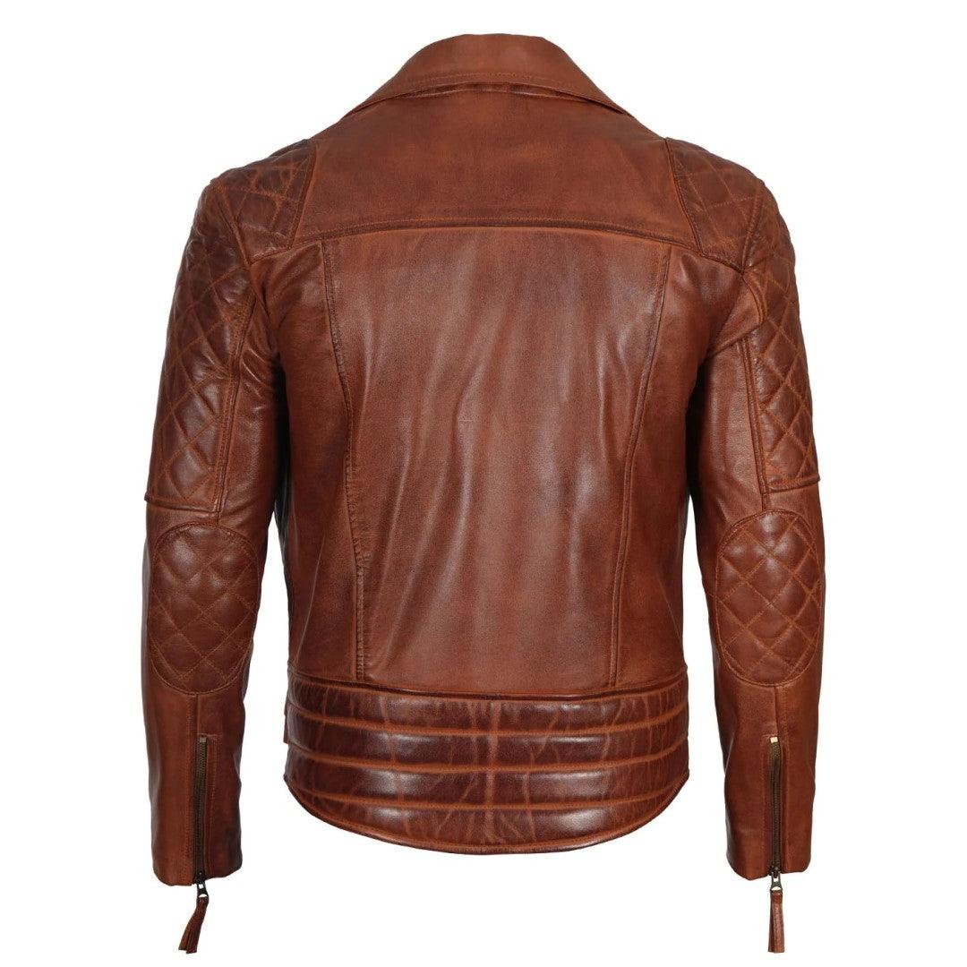 Brown Biker Jacket For Men With Quilted Arm Design - TheBougees