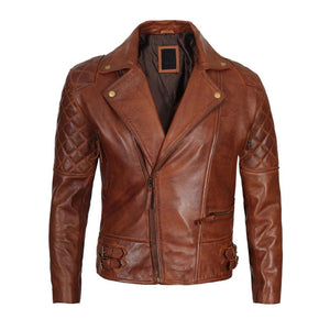 Brown Biker Jacket For Men With Quilted Arm Design - TheBougees
