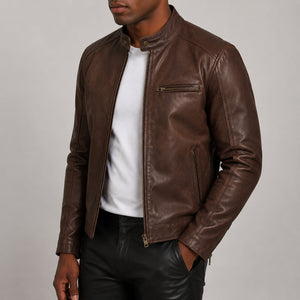Chocolate brown leather jacket SLJ-002 on male model