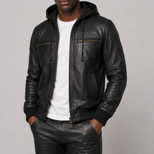 hooded black leather bomber jacket