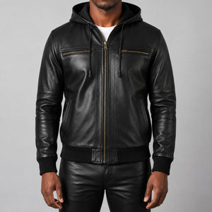 hooded black leather bomber jacket SLJ-003 2XS