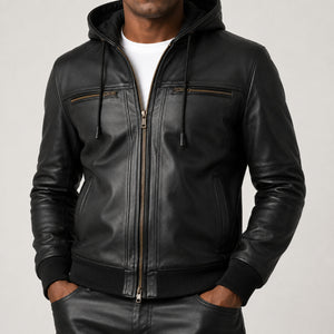 hooded black leather bomber jacket SLJ-003 2XS