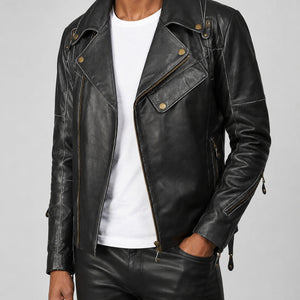 Black asymmetrical biker leather jacket SLJ-004 on male model