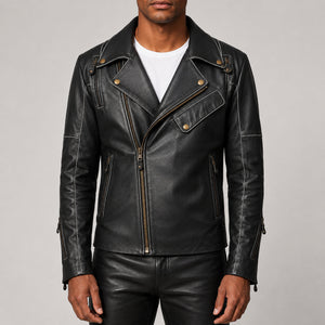 Black asymmetrical biker leather jacket SLJ-004 front view size 2XS