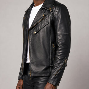 Black asymmetrical biker leather jacket SLJ-004 side view size 2XS