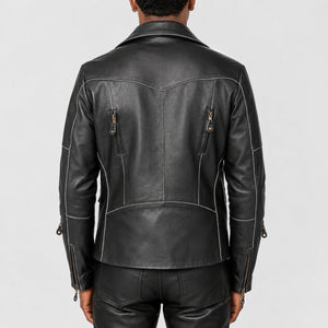 Black asymmetrical biker leather jacket SLJ-004 back zipper view size 2XS