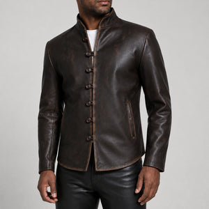 Distressed brown button leather jacket SLJ-270 on male model