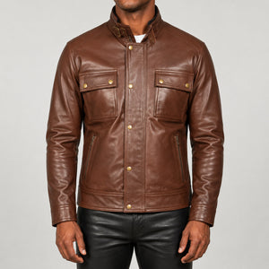 brown stand collar leather jacket SLJ-422 2XS