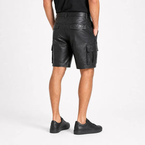 Men's black sheep leather cargo shorts with belt loops and utility pockets