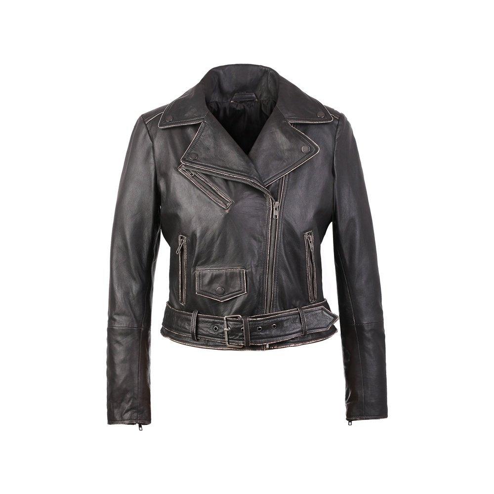 Carla Womens Distressed Short Biker Leather Jacket - TheBougees