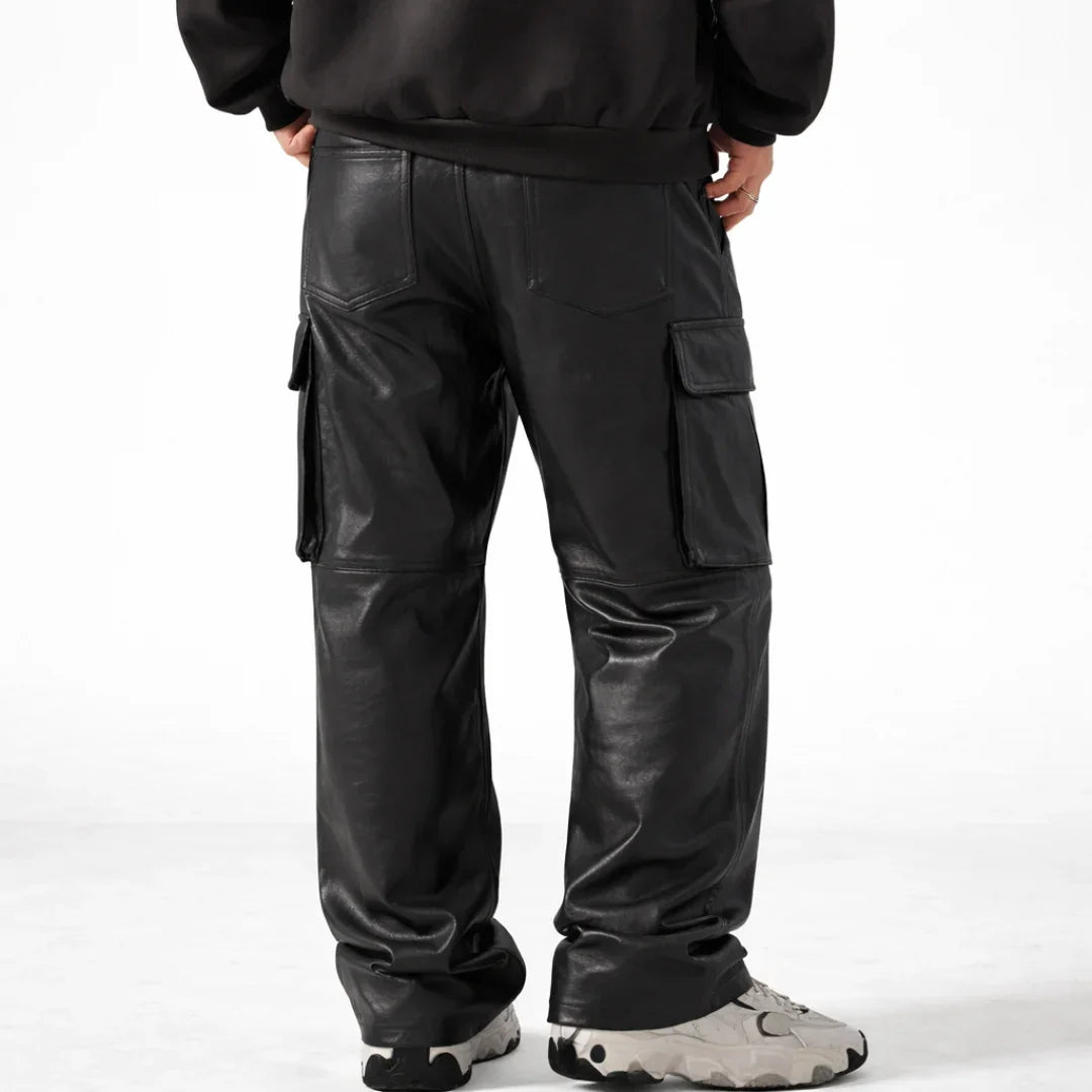 Back view of sleek black leather cargo pants with side pockets, worn by a person